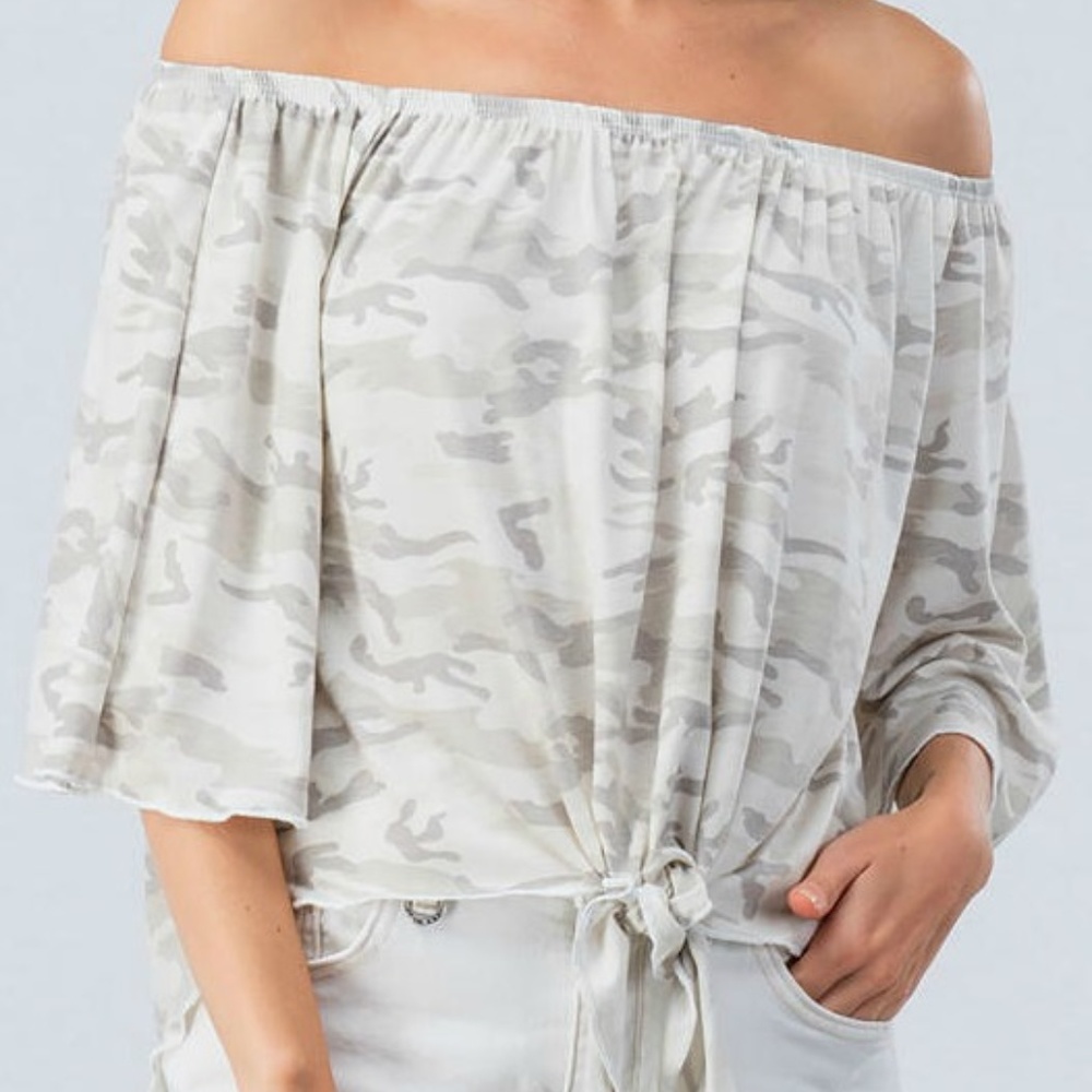 NWT Subtle Camo Print Off Shoulder Knot Front Top